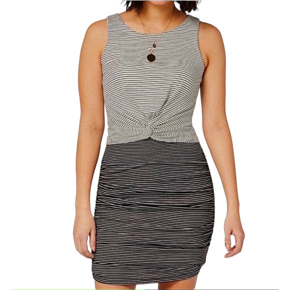 Allison Joy Kit Striped Twist Front Ruched Knit Dress Black and White Dress XS - Picture 1 of 14